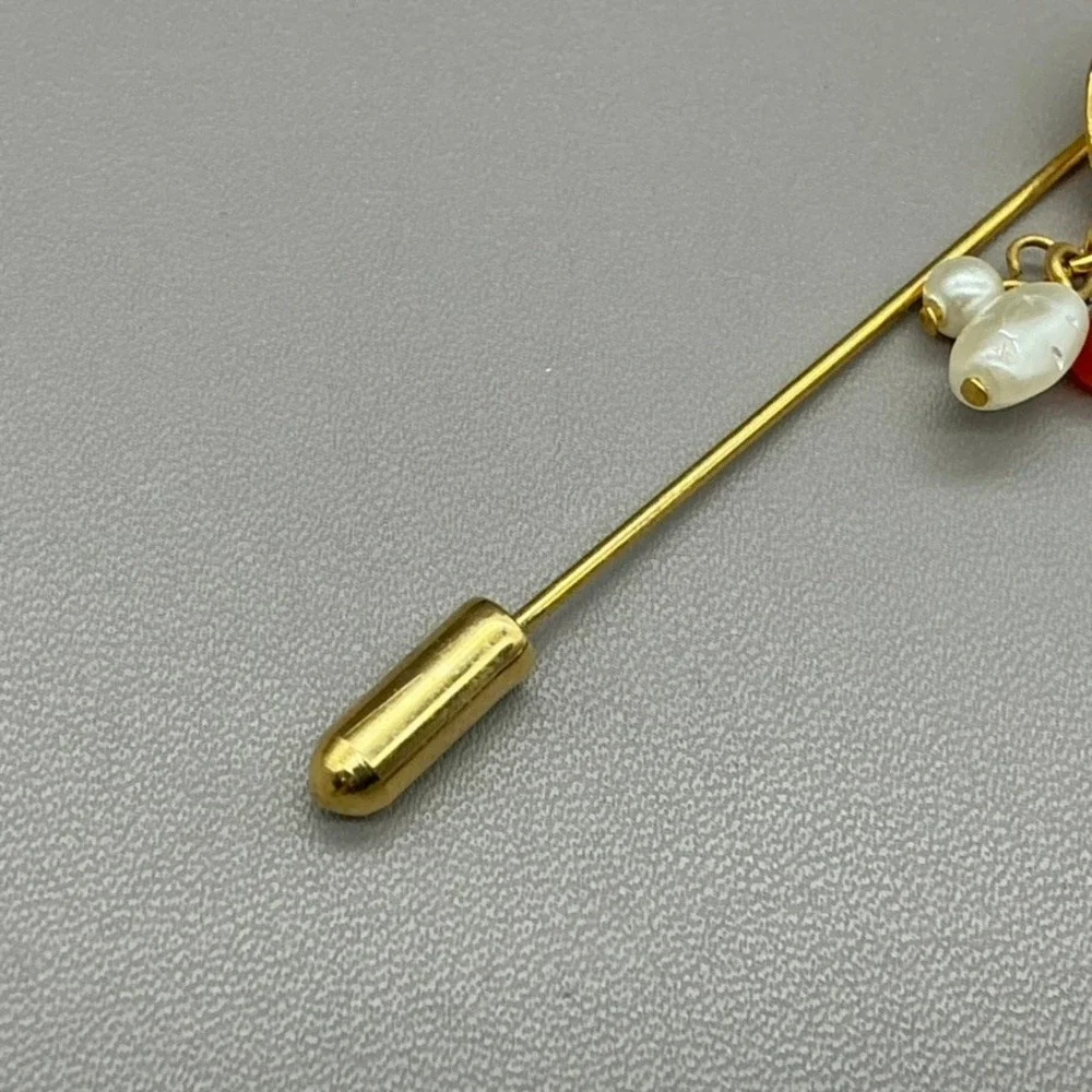 Stick Pin Women Gold Tone Leaf Faux Pearl Red Bead Dangle Vintage Lapel 2.5 Inch